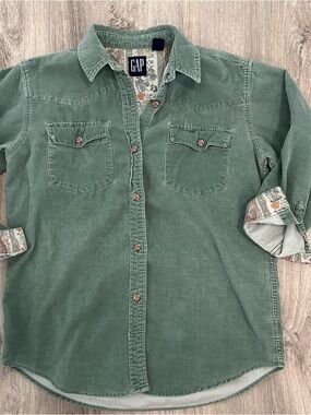 Gap Corduroy Button Down Shirt Women XS Green Western Cottage Rose Floral Button